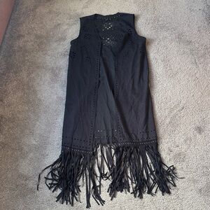 Helly Black Eyelet Open Front Fringe Trim Sleeveless Cardigan SIZE S-L
